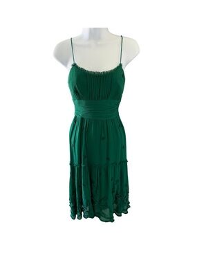 BCBGMaxazria 100% Silk Green Empire Waist Dress w/ Beaded Floral Embroidery Sz 0